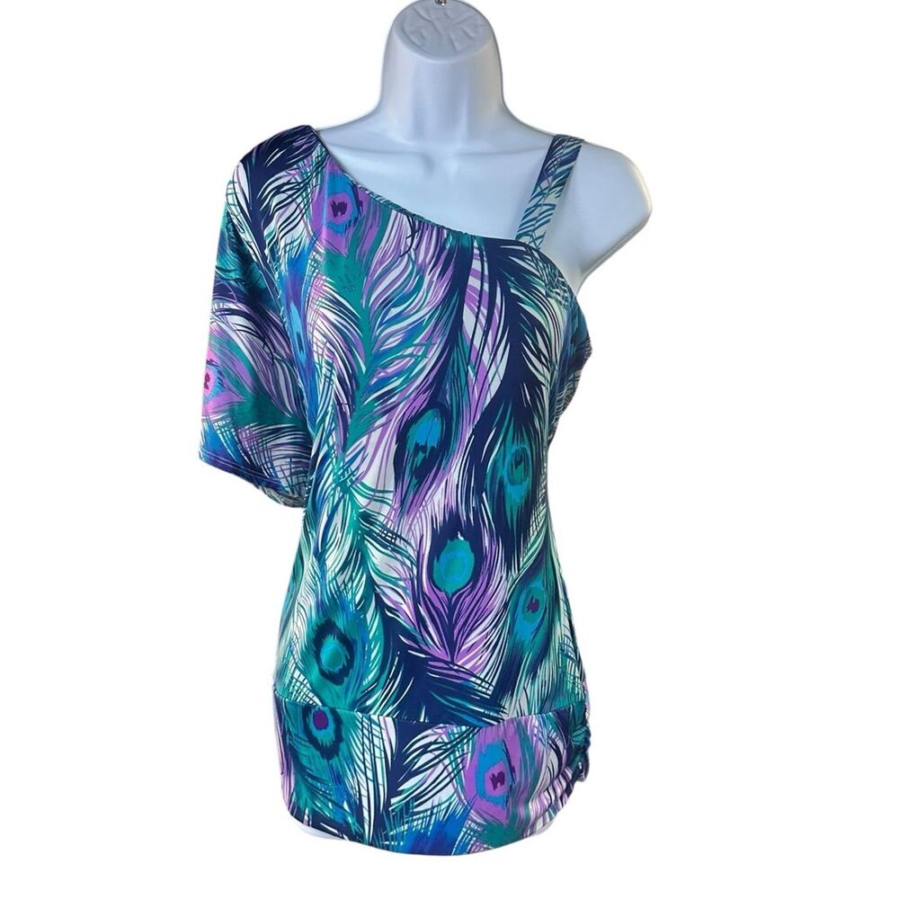 Cache Peacock Pattern One Shoulder Sleeve Asymmetrical Top Size Large